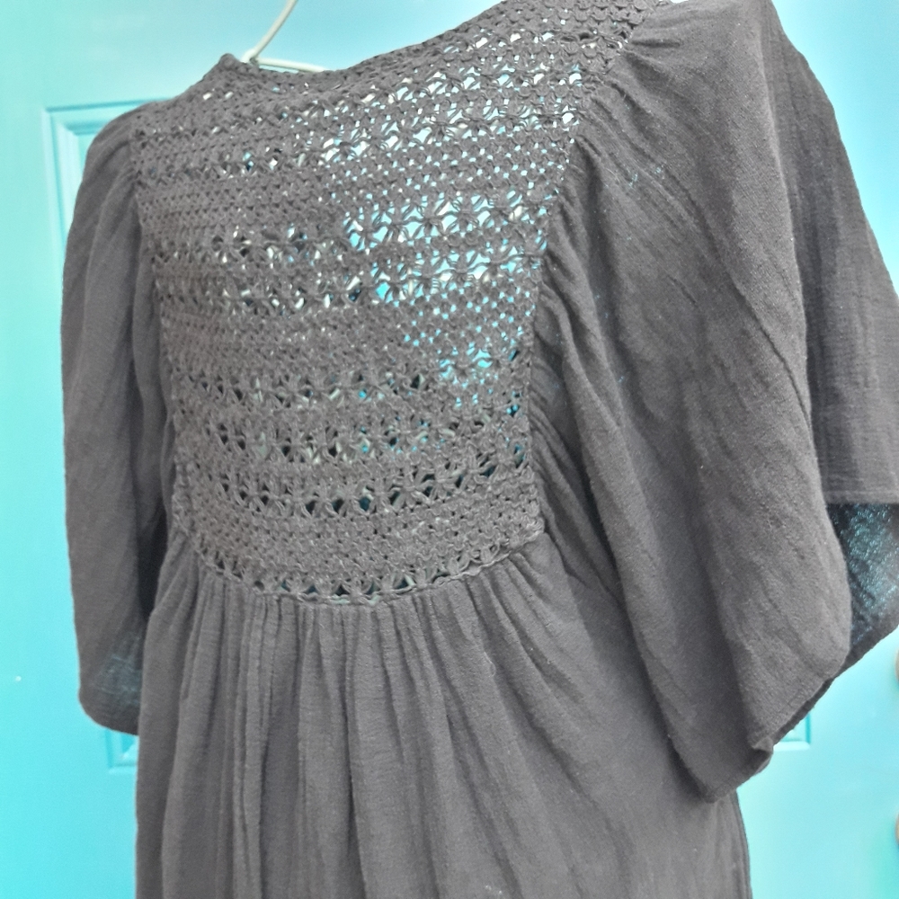 Boho Top Crochet All Cotton Loose Fit Mesh Short Sleeve VNeck Embroidered SM - Picture 9 of 12